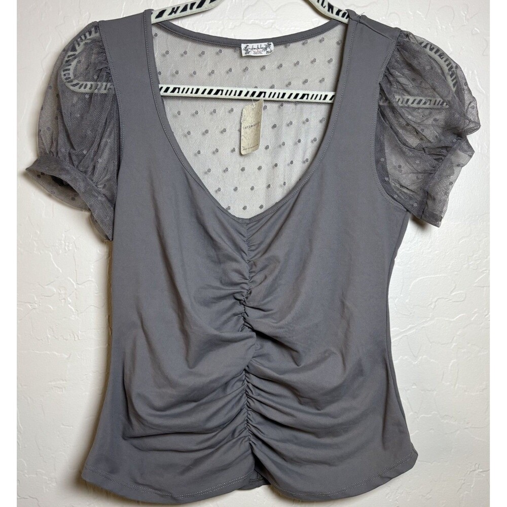 Free People Intimately Womens M Gray Ruched Top Sheer Polka Dot Mesh NWT
